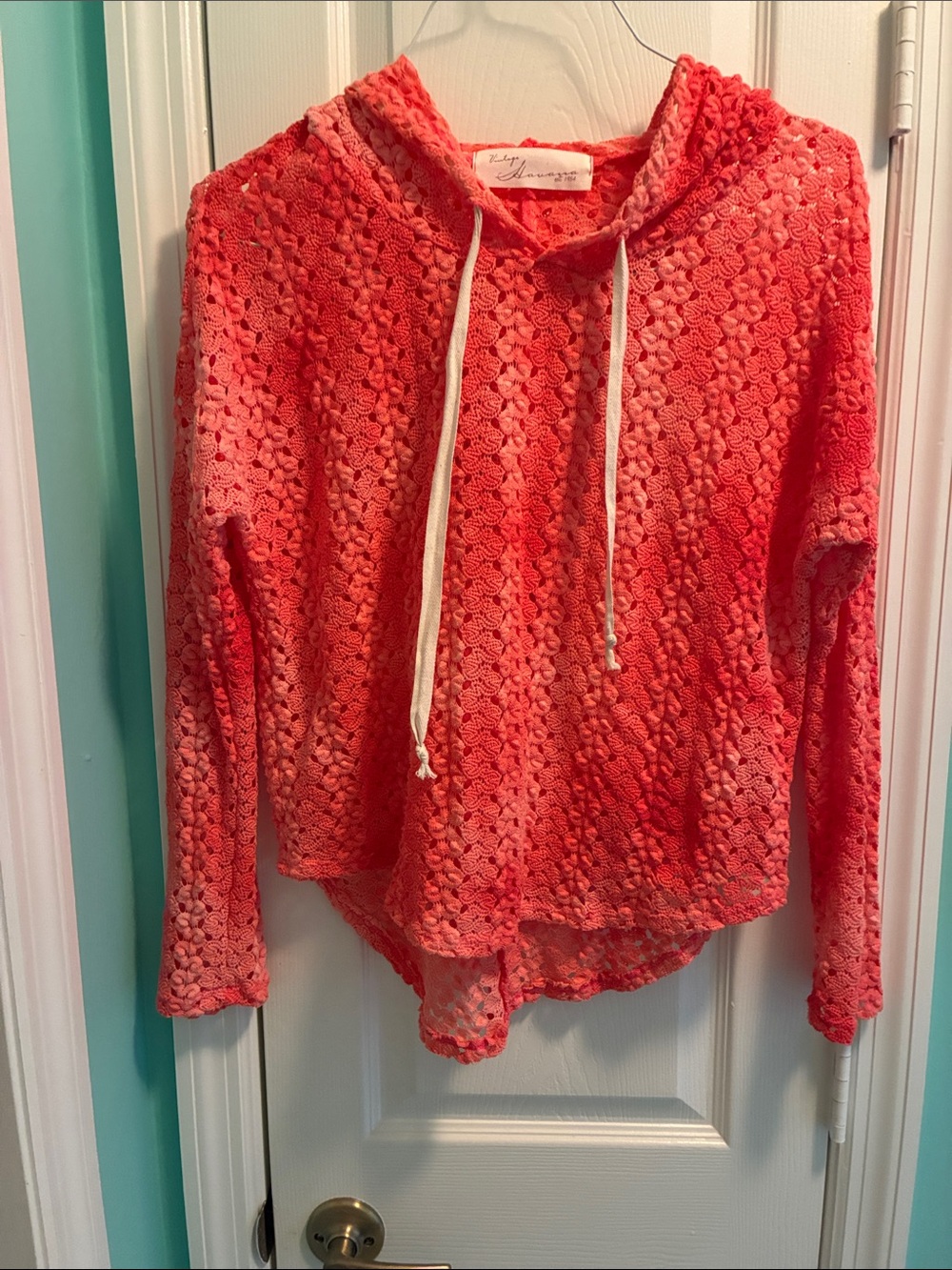 Vintage Havana Coral Lace Knit Hoodie with Drawstring